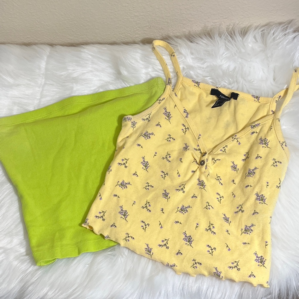 Set of 2 Forever 21 Yellow Floral Tank Green Cropped Strapless Top